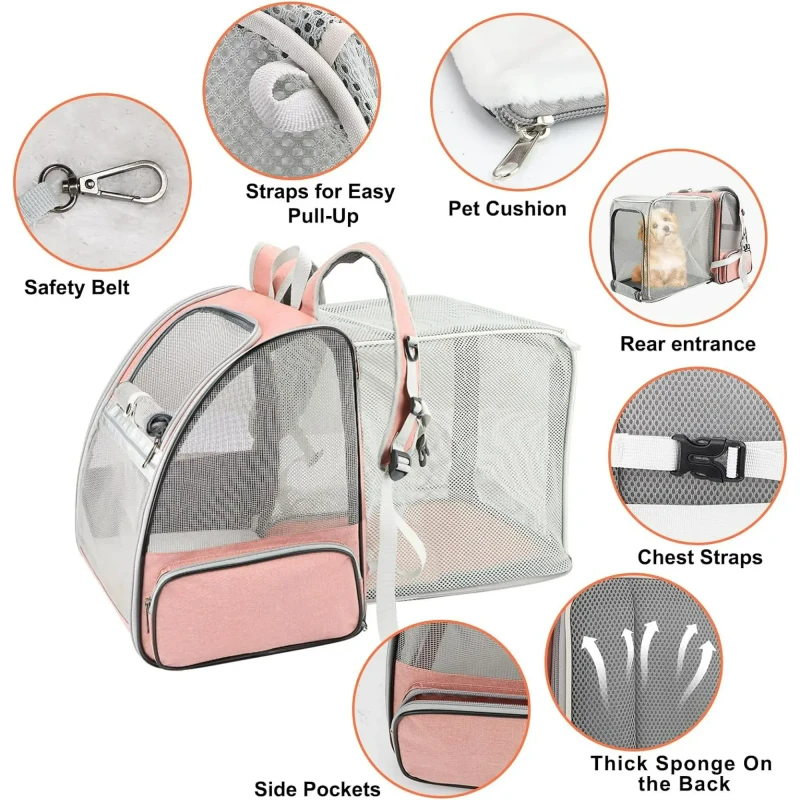 DENZUS Pet Backpack, Expandable Travel Carrier for Medium Cats and Small Dogs up to 17 lbs, Breathable Collapsible Bag for Hiking – Pink