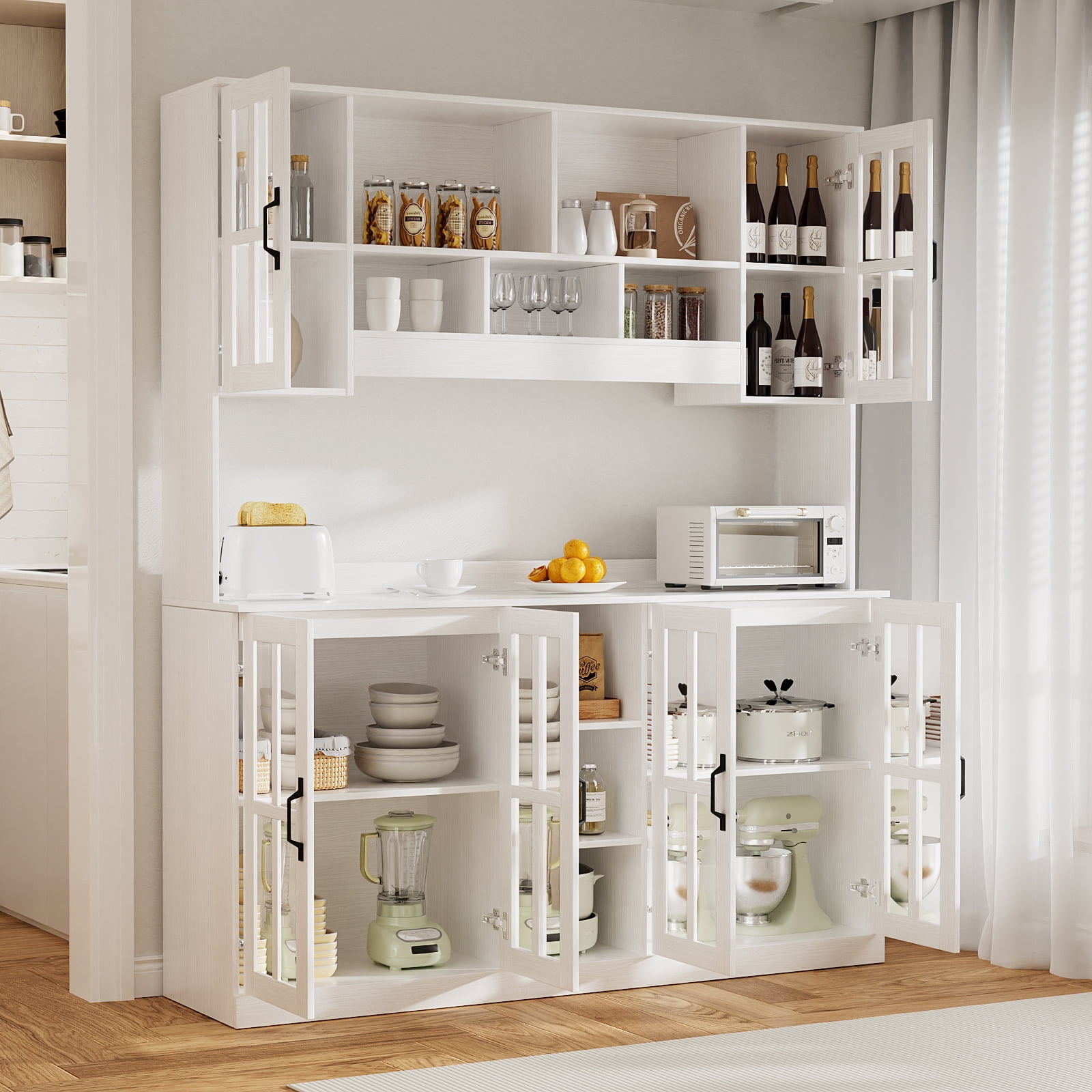 RichYa Pantry Cabinet with Hutch,Kitchen Storage Cabinet with Doors and Shelves,Coffee Bar with 59"Wide Countertop for Dining Room,White(X)