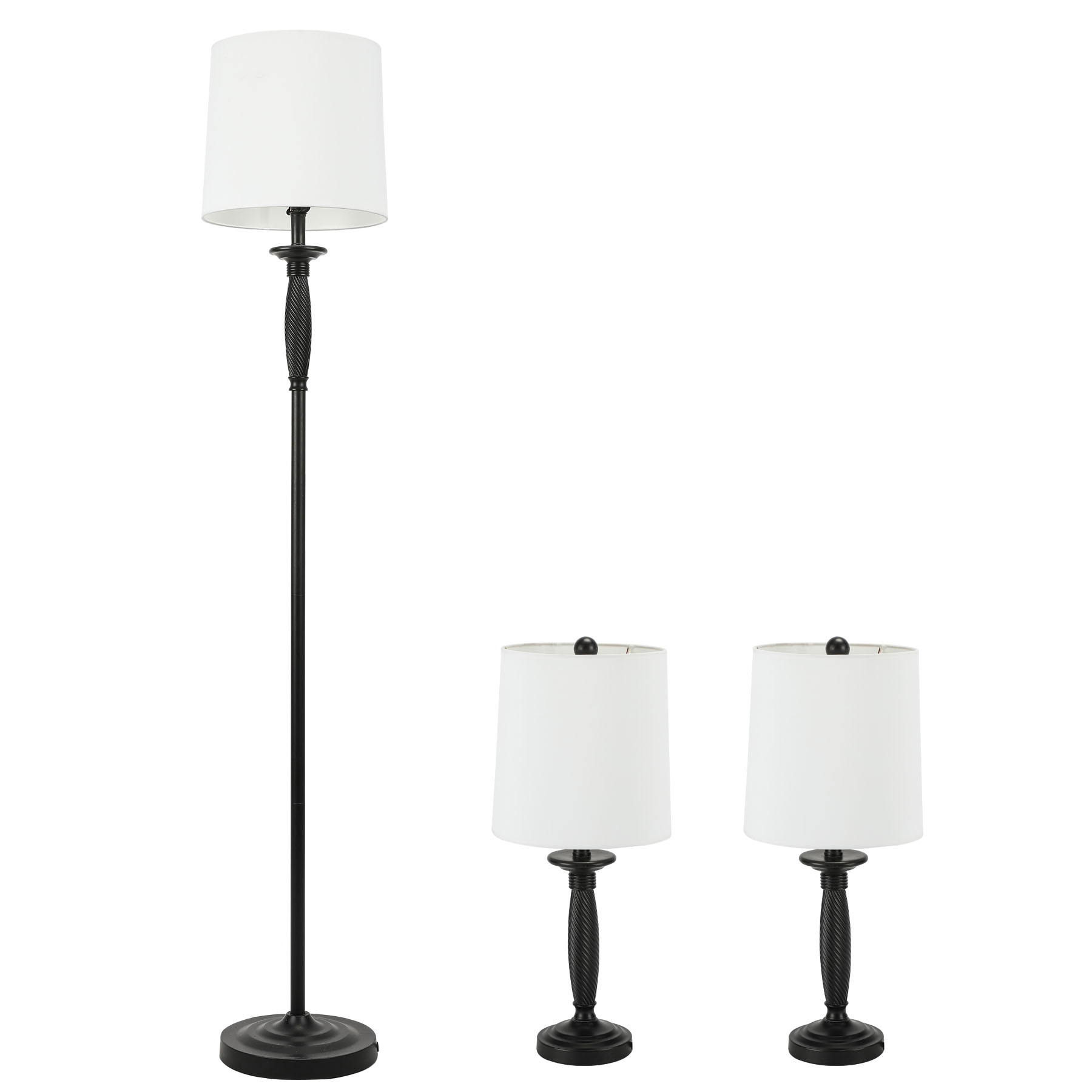 3 Lamp Set, Classic Metal Base Floor Lamp + Table Lamps for Farmhouse