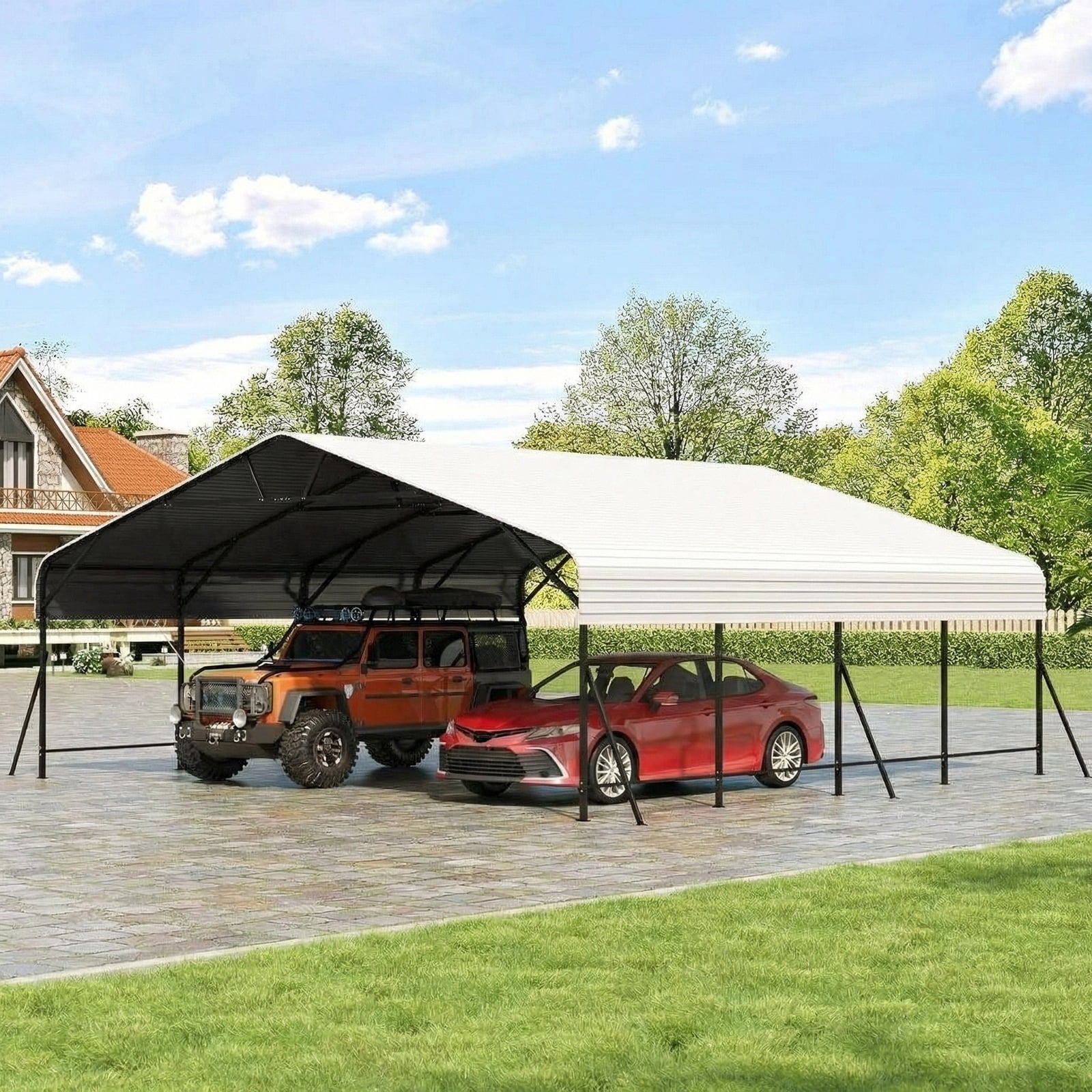 20 x 20 x 9 FT Metal Carport Garage, Heavy Duty Carbon Steel Frame with Metal Roof, Oversized White Outdoor Shelter for 2 Cars, Boats, and Tractors