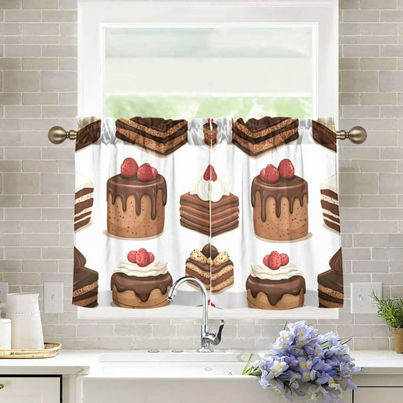Yayeee Kitchen Curtains Light Filtering 27"x36" Rod Pocket Short Cafe Window Panel, White Sweet Cakes