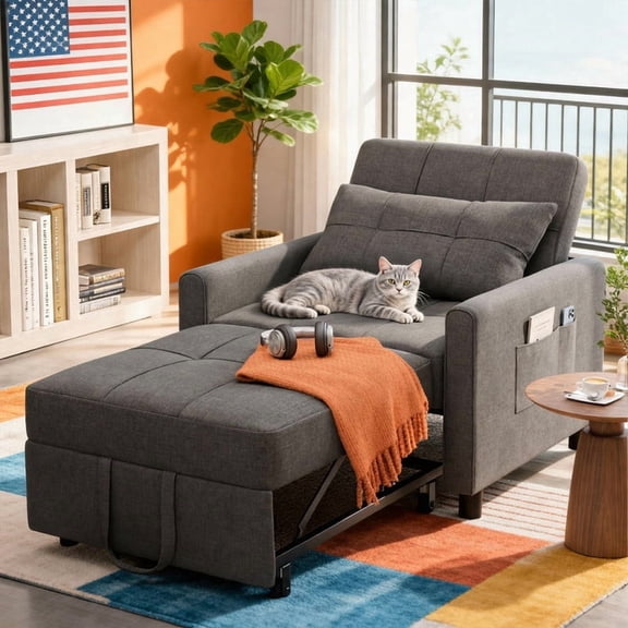 3-in-1 Convertible Chair Bed Sleeper - Plush Accent Chair to Lounger to Single Bed, Space-Saving Folding Chair with Breathable Linen Fabric & Metal Frame for Apartment, Dorm, RV, Dark Gray