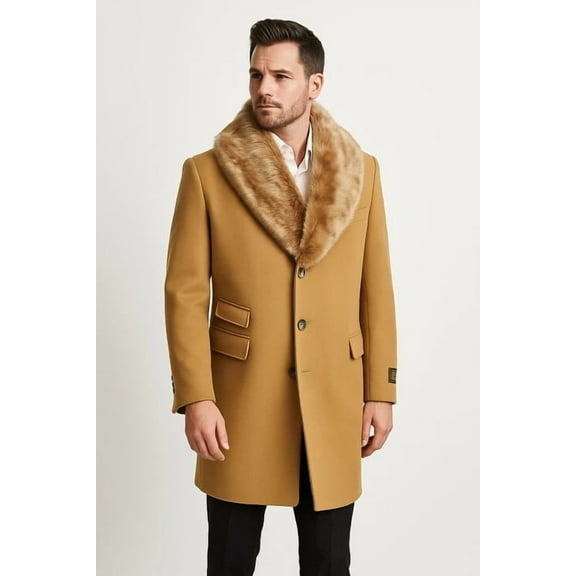 Mens Camel Overcoat with Light Faux Fur Collar – Single-Breasted Wool Dress Coat