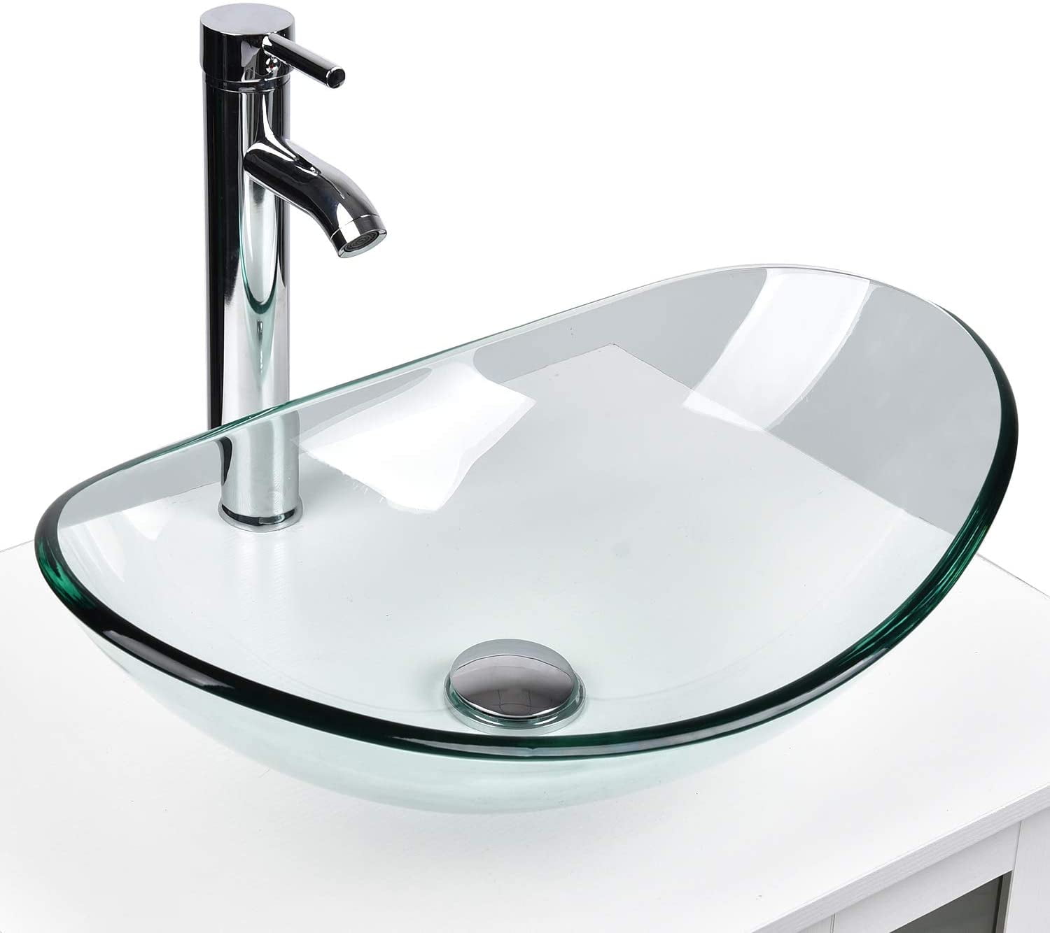 Tempered Natural Clear Bathroom Glass Vessel Vanity Sink with Free Pop Up Drain 