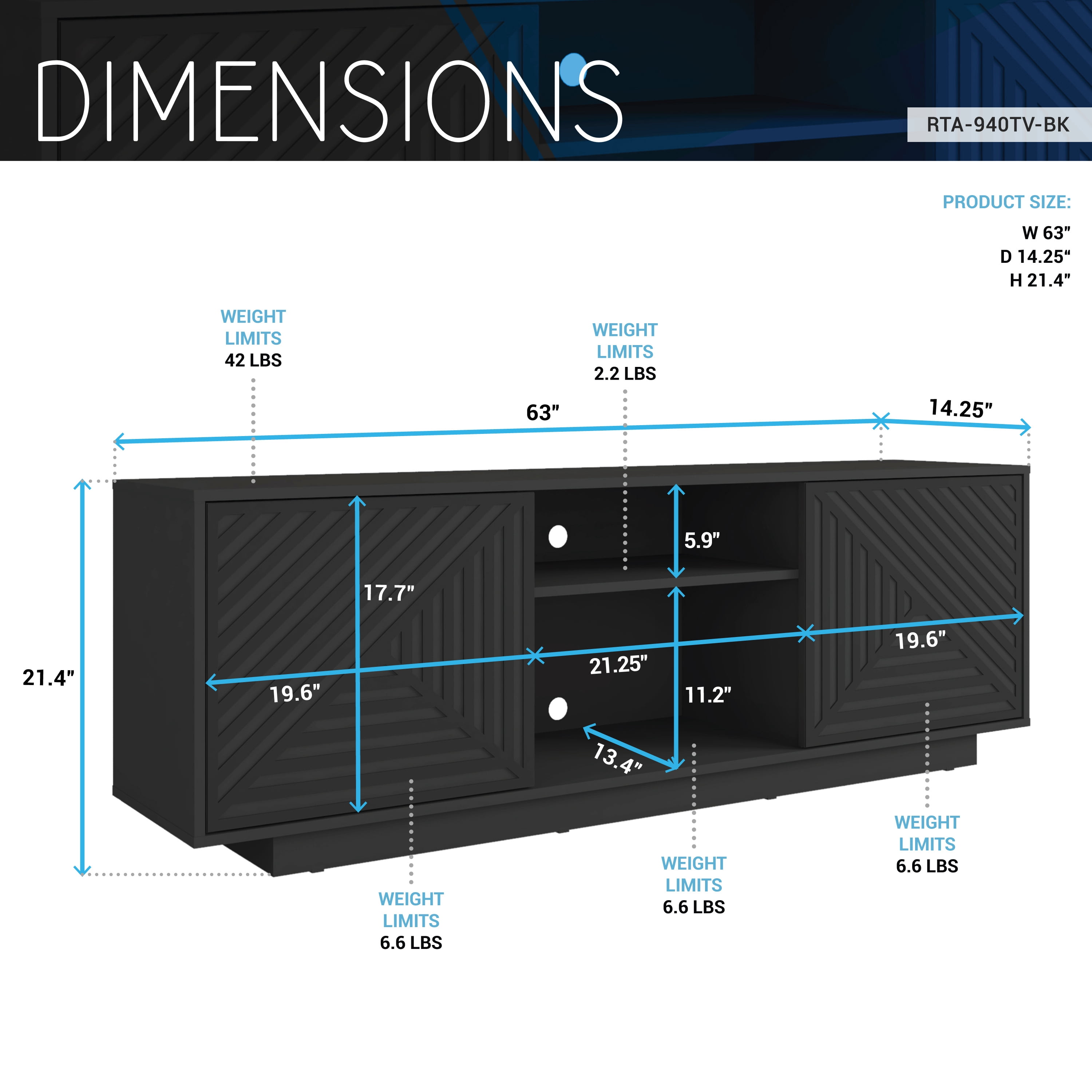 Techni Mobili Modern TV Stand for TV’s up to 70” with 2 Storage Cabinets with Patterned Doors, Black RTA-940TV-BK