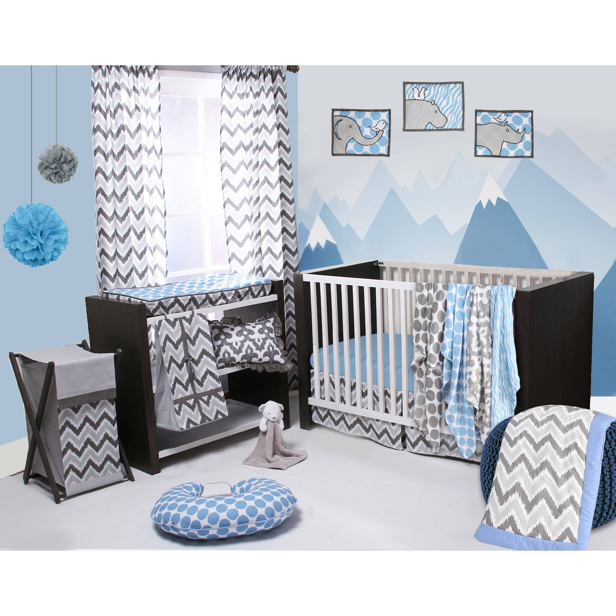 Bacati Ikat 6 Piece Crib Bedding Set, Blue/Gray