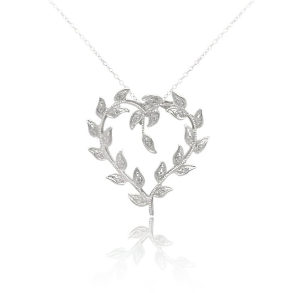 925 Sterling Silver Rhodium Plated Open Heart Pendant with Leaf Design with CZ's Pendant on 18" Chain