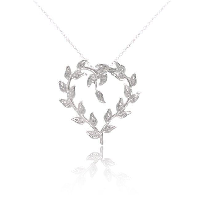 925 Sterling Silver Rhodium Plated Open Heart Pendant with Leaf Design with CZ's Pendant on 18" Chain