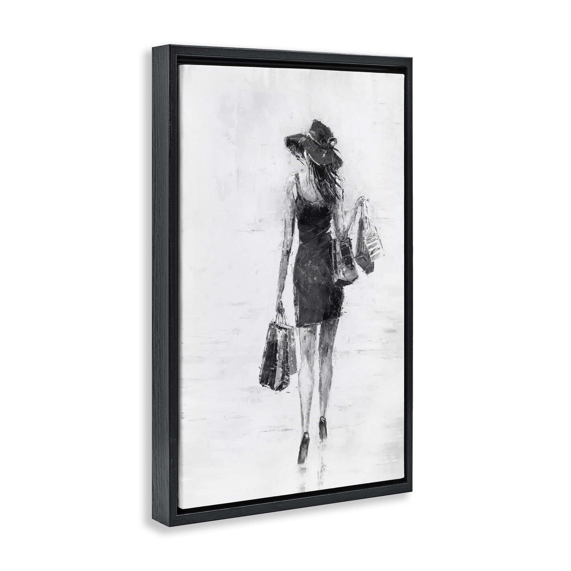 Stupell Industries Glam Shopper Girl Novelty Painting Black Floater Framed Art Print Wall Art, 21 x 31