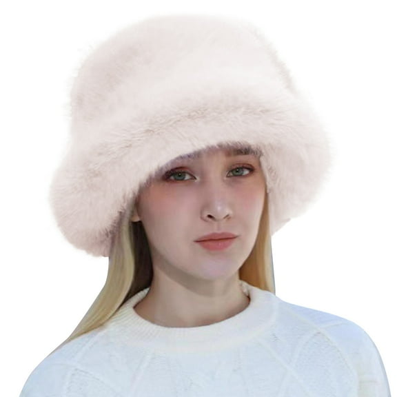 Yigetop Furry Hat Women Fashion Solid Color Mink Hat Windproof Warm Dome Hat Casual Plush in Winter Fuzzy Bucket Hats for Woman A One Size