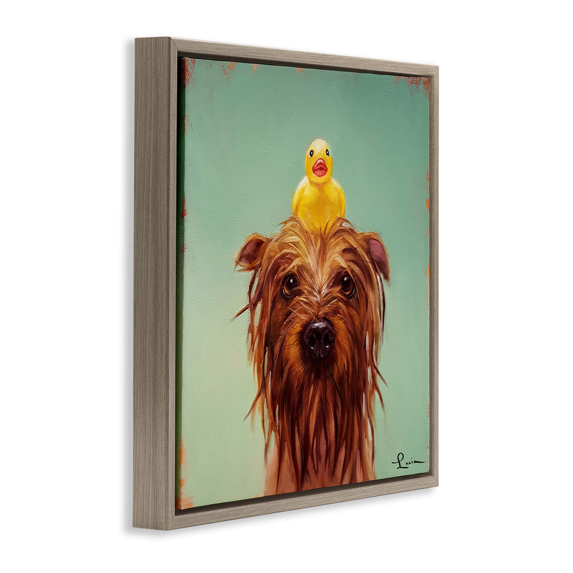 Stupell Industries Wet Dog with a Rubber Ducky Animals & Insects Painting Brown Floater Framed Canvas Art Print Wall Art, 18 x 18