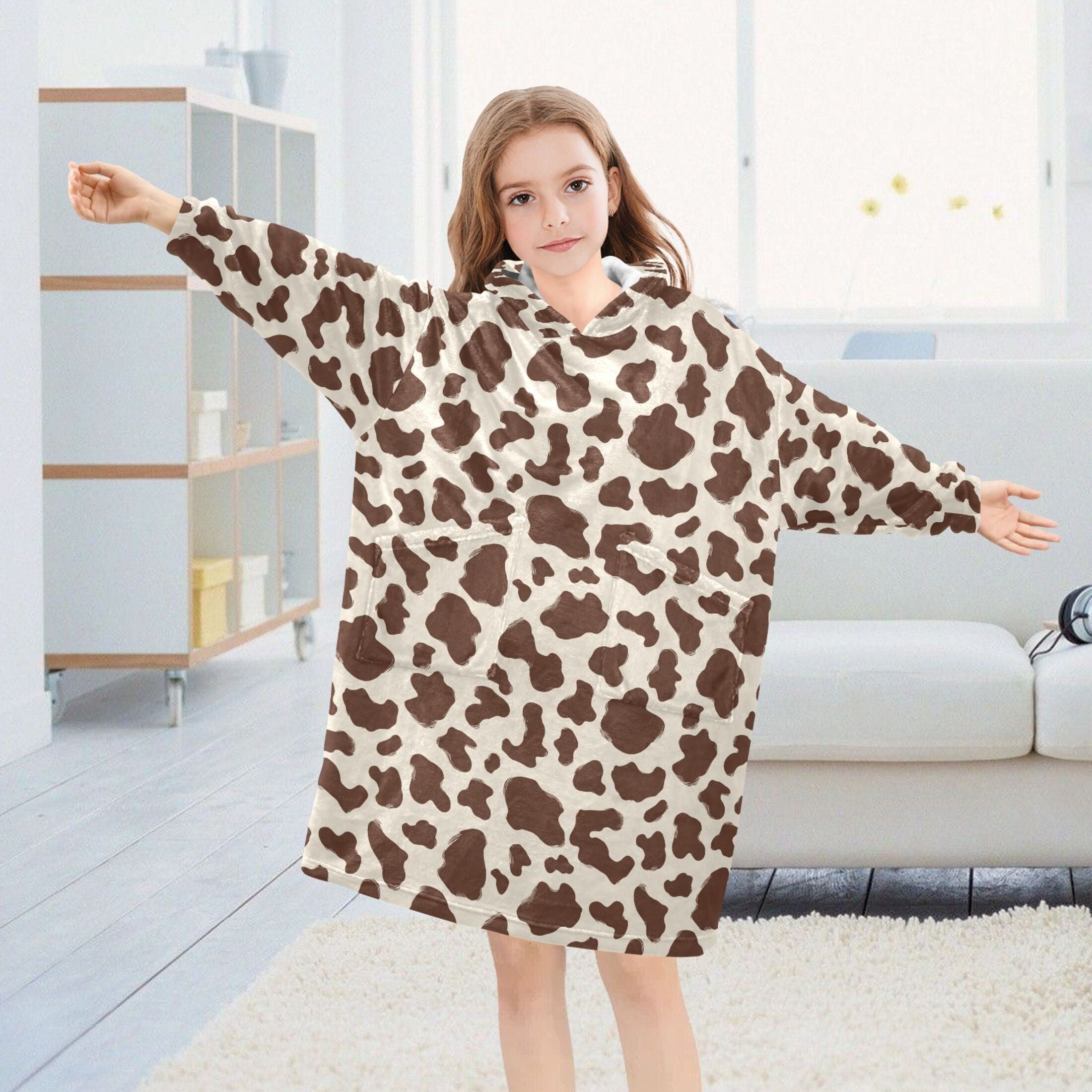 Wearable Blanket Hoodie for Kids Brown and White Cow Print Spots Flannel Hooded Blanket with Pockets and Sleeves Suitable for Boys and Girls