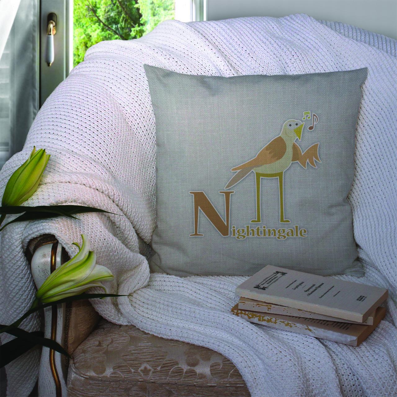 Carolines Treasures BB5739PW1414 Alphabet N For Nightingale Fabric Decorative Pillow