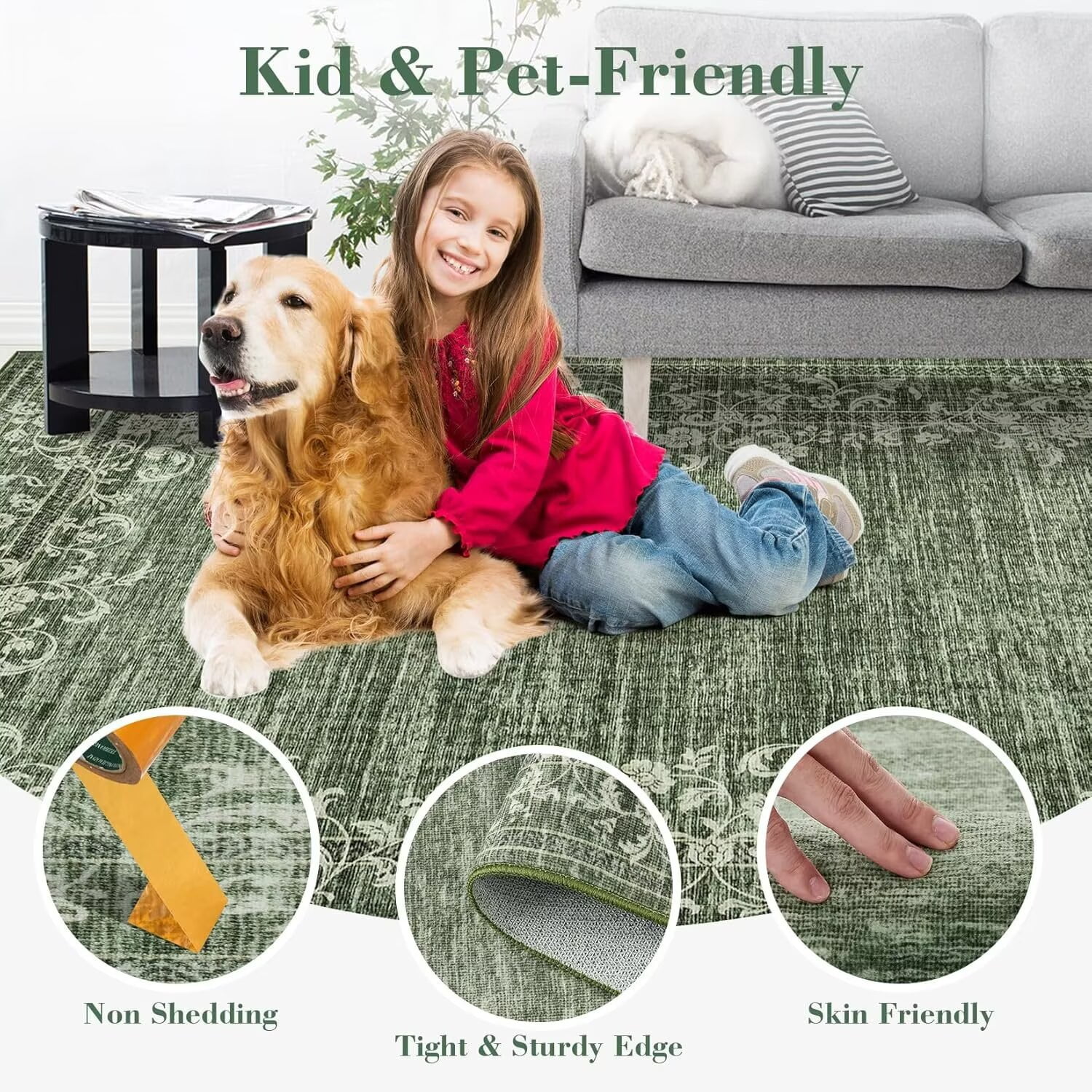 GlowSol 2'x6' Hallway Runner Rug Modern Floral Border Runners Rug Low Pile Non Slip Bedroom Rug Soft Accent Runner Rugs for Kitchen Laundry, Green
