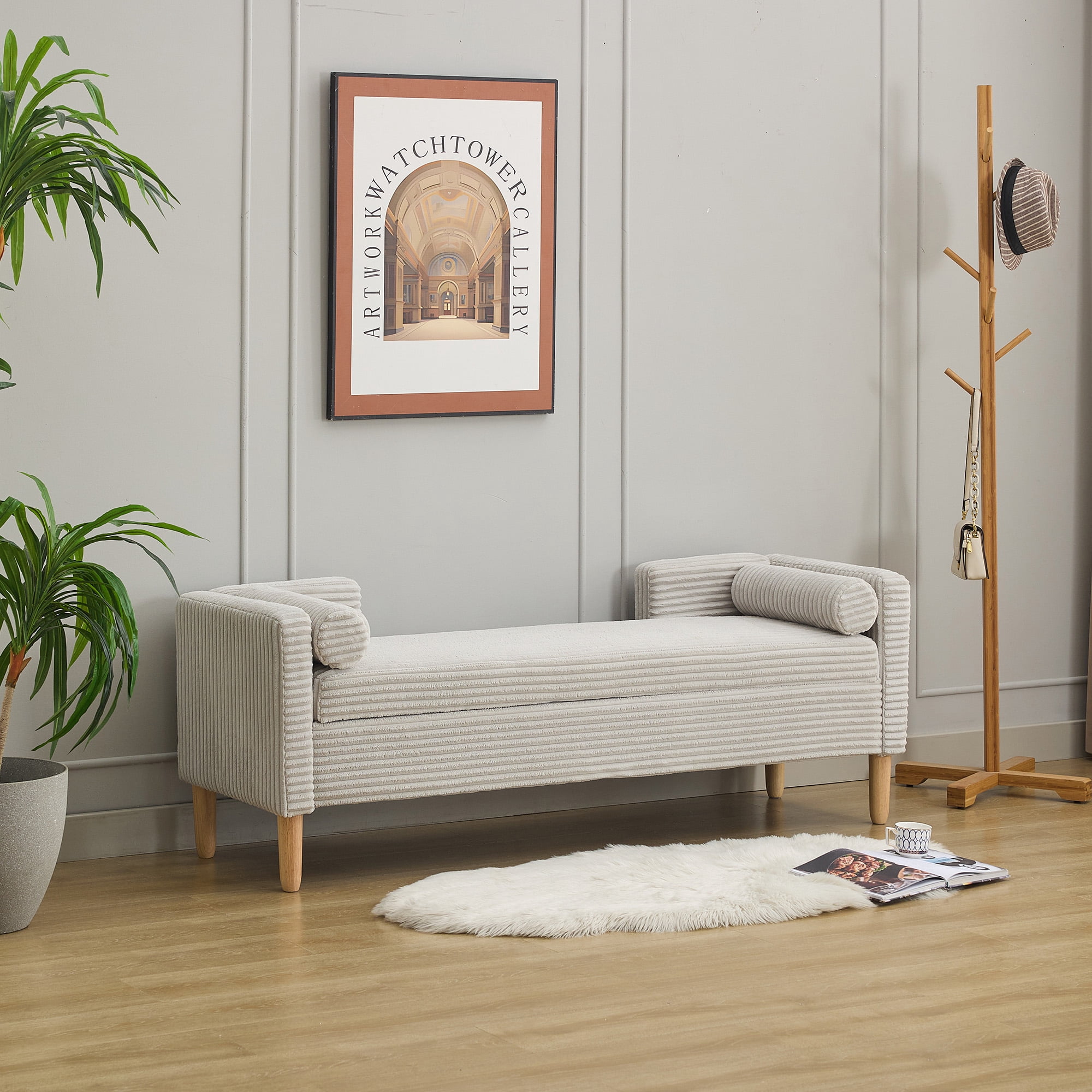 64.7"W Upholstered Corduroy Flip-top Storage End of Bed Bench, Accent Window Footrest with Armrests&Backrest&2 Bolsters Rubberwood Legs for Living Room, Hallway, Entryway Bedroom