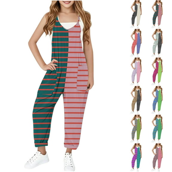 JTSRKL Girls Striped Jumpsuits Cute Summer Sleeveless Spaghetti Strappy Long Pants Kids Overalls Loose Fit Casual Color Block Print Rompers with Side Pockets Green 5-6 Years