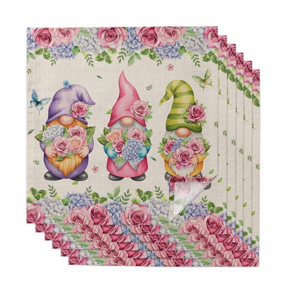 Spring Gnomes Cloth Napkins, Vintage Botanical Blossom Rose Leaves Washable and Reusable Dinner Napkins Set of 6, Table Napkin for Kitchen Party Birthday Wedding Hotel Housewarming 20"x20"
