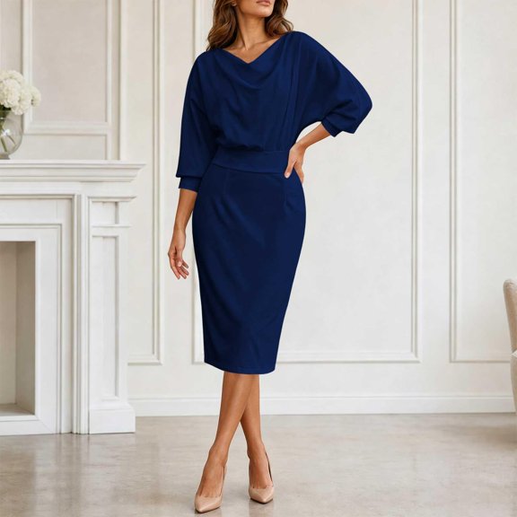 Asgosdo Women Cowl V Neck Batwing 3/4 Sleeve Office Pencil Midi Sheath Dress