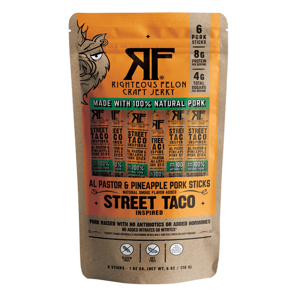 Righteous Felon Meat Sticks - Gluten Free & Keto Pork Sticks, Protein Snacks, Street Taco, 6 pack