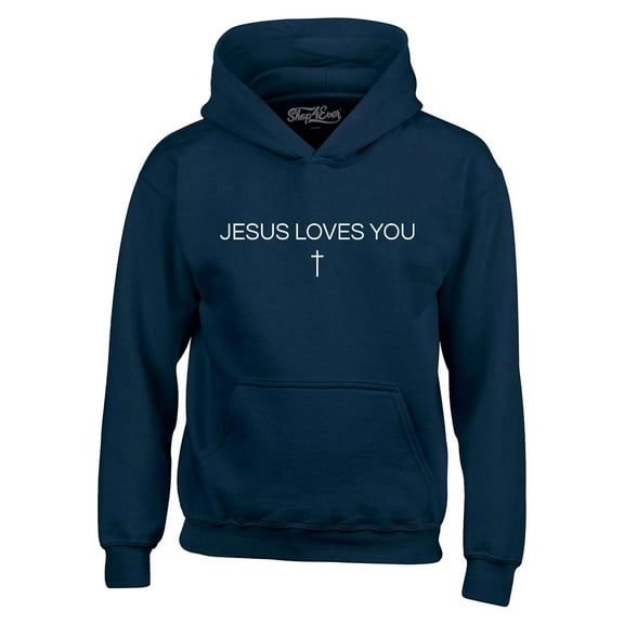 Shop4Ever Men's Jesus Loves You Minimal Cross  Hooded Sweatshirt Hoodie XX-Large Navy