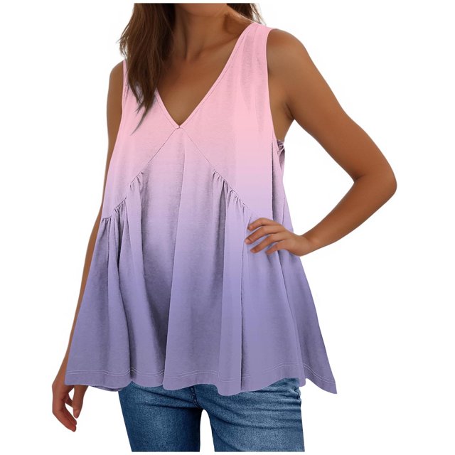 Plebaso V Neck Tank Tops for Women Gradient Color Ruffle Shirts Flowy Sleeveless Womens Summer Blouses