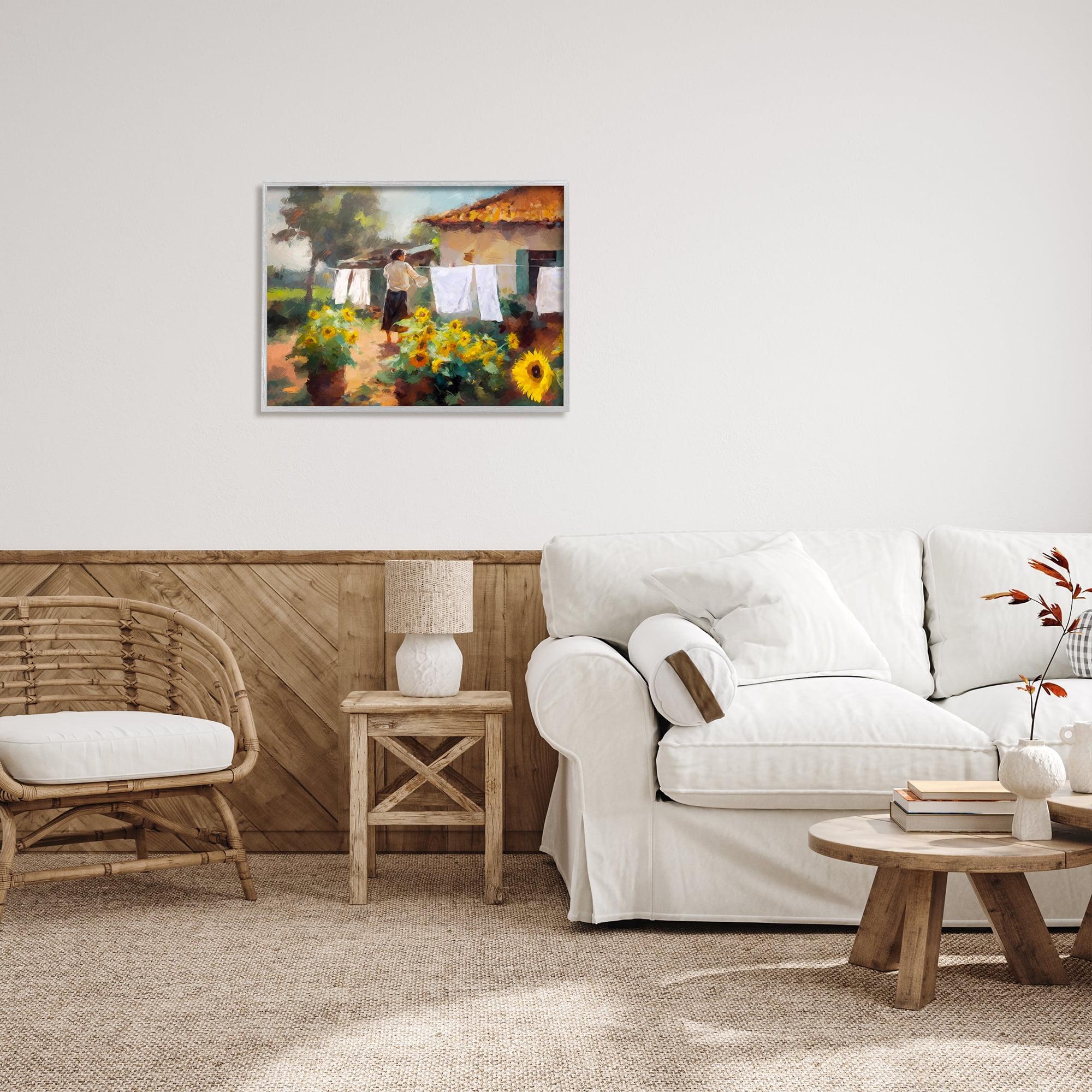 Stupell Industries Laundry in Countryside Figurative Painting Gray Framed Art Print Wall Art, 30 x 24
