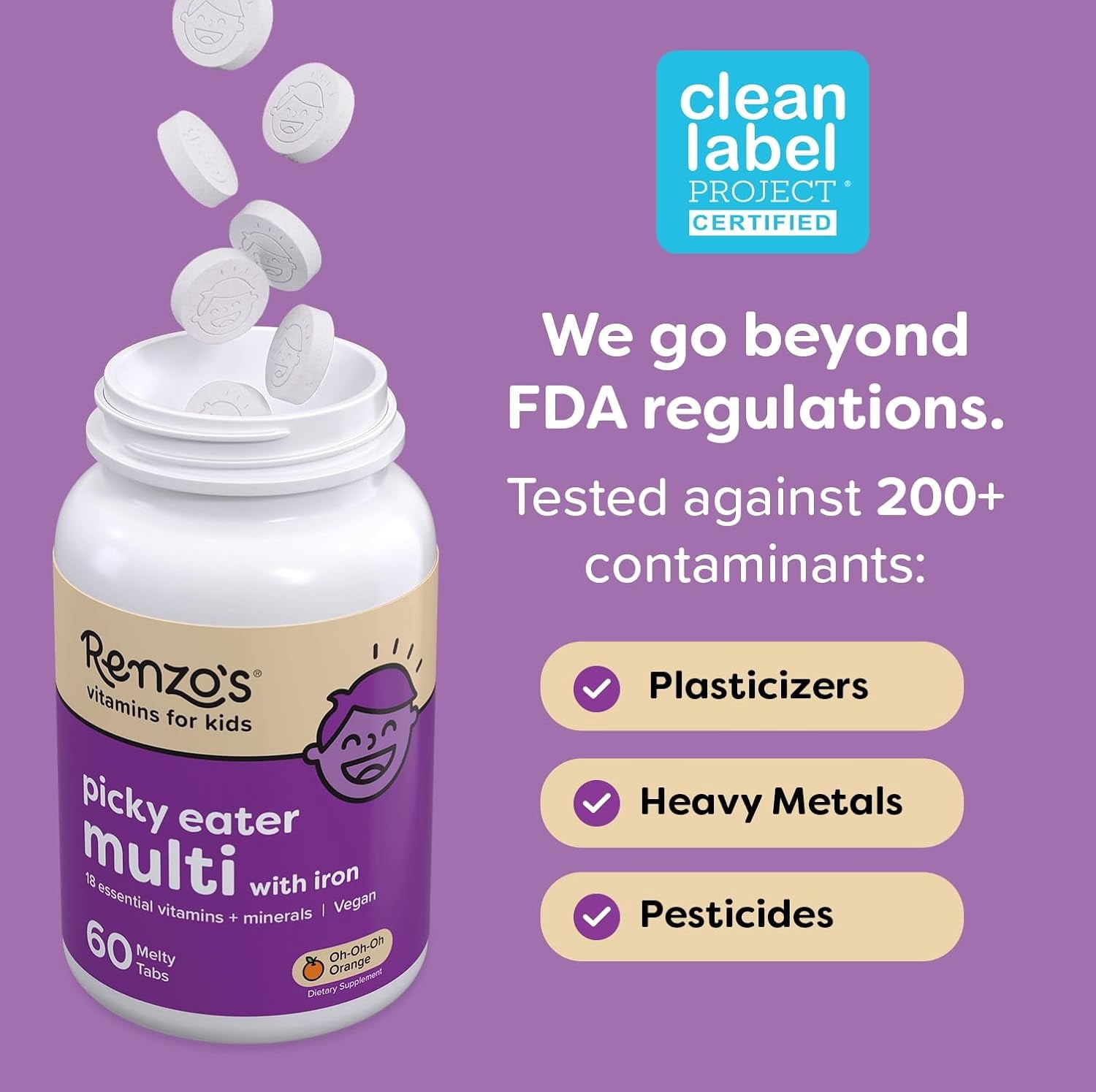 Renzo’s Picky Eater Multivitamin for Kids, Sugar-Free, Vegan Melty Tabs, Immune Support, Cherry Flavor, 60 Count
