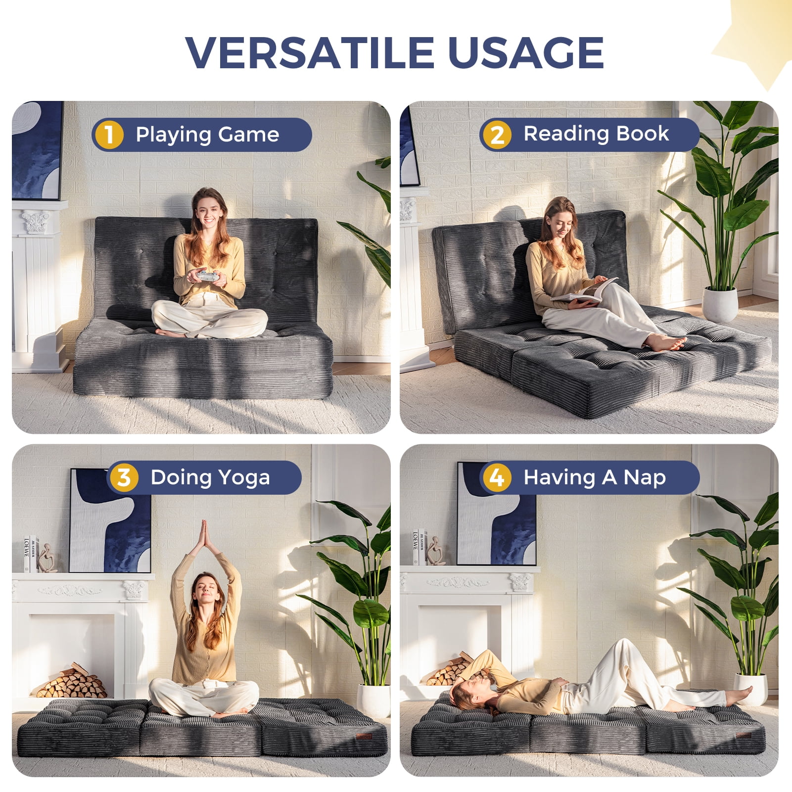 BYBYME 6 Inch Tri-Fold Mattress,Corduroy Folding Mattress,Filled with Whole Foam,Memory Foam Mattress Topper,Suitable for Sleeping,Camping,Full,Dark Gray