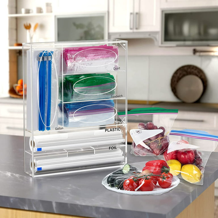 6 in 1 Food Bag & Plastic Wrap Storage Organizer, Acrylic Food Freezer  Baggie Tin Foil Dispenser Holder With Cutter, Compatible With Cling Wrap,  Wax, Foil, Gallon, Quart, Sandwich, Snack 