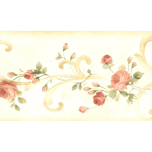 Fond d'Écran Préencollé - Fleurs Jaunes, Vertes, Roses Rouges sur le Motif Rétro de Bordure de Mur de Parchemin de Damas, 4,57 M x 15,24 Cm