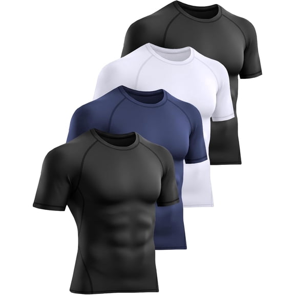 3 Pack Men’s Compression Shirts Short Sleeve Workout Gym Tops, Black, White, Blue, X-Large