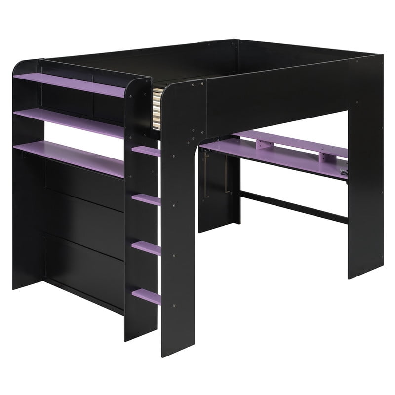 Full Size Wood Loft Bed with Desk, Wardrobe and Storage, Height Adjustable Gaming Loft Bed with USB Charging Port, RGB LED Light Strip, PC Tower Space and Shelves for Bedroom