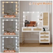 Ataucjin Makeup Vanity with Lighted Mirror, Vanity Mirror with Lights and Table & Power Outlet, Vanity Desk with Power Strip, Adjustable Lighting, 5 Drawers, for Bedroom, Dressing Room, White & Gold