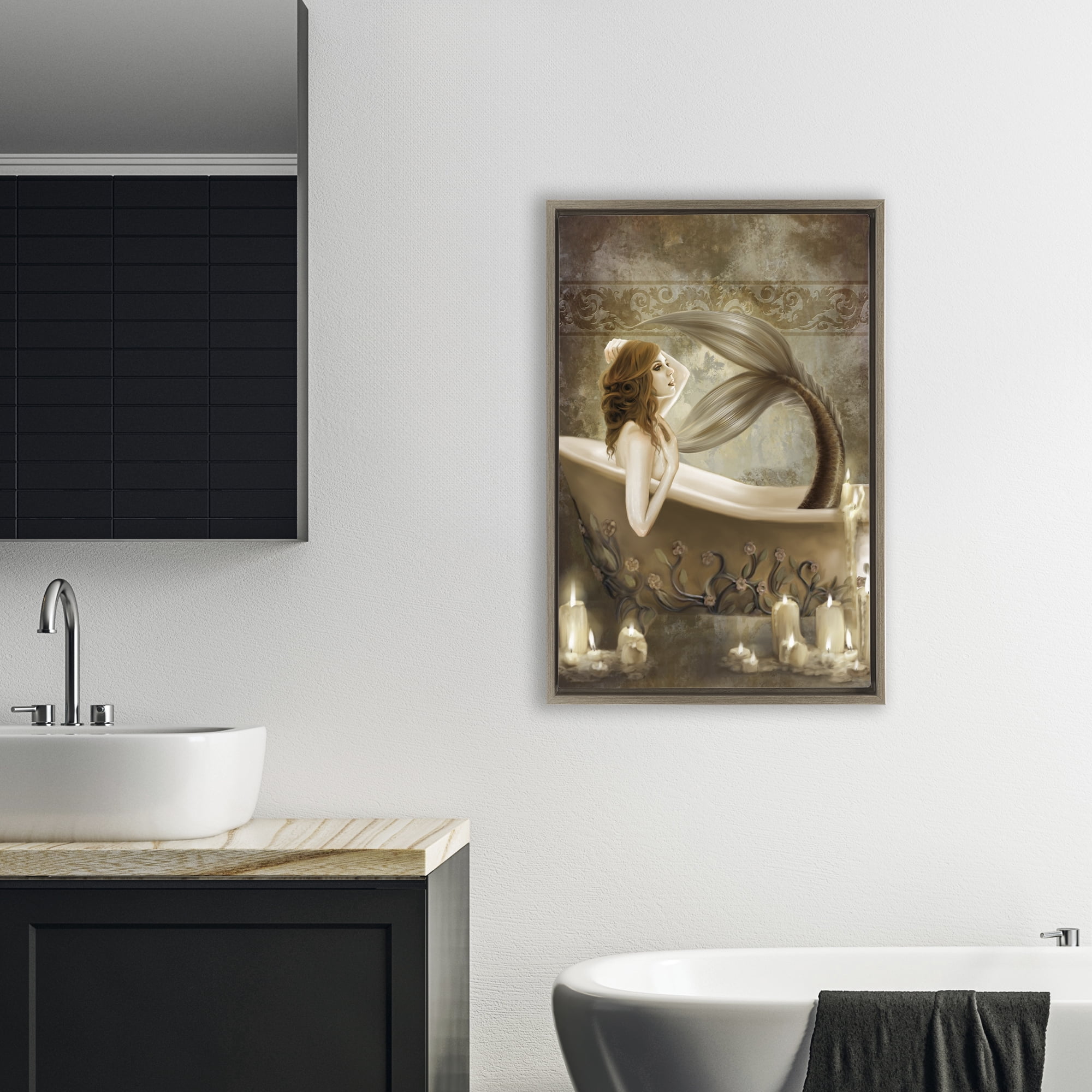 Stupell Industries Sepia Bath Time Mermaid Brown Framed Floater Canvas Wall Art, design by Selina Fenech