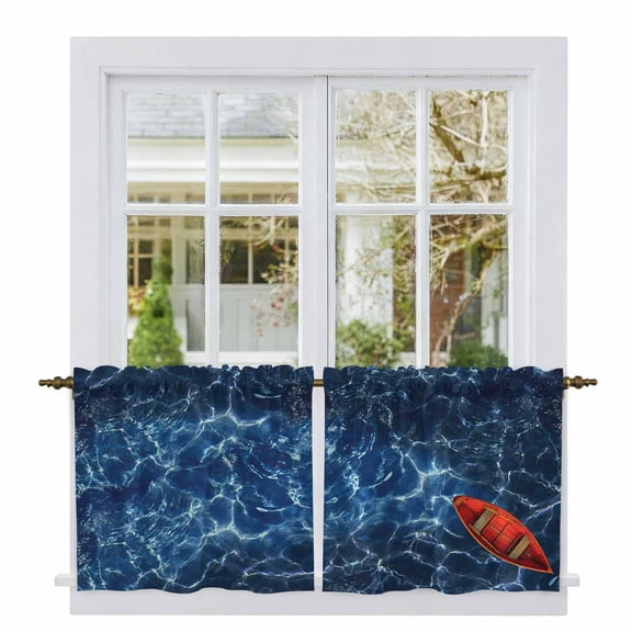 Navy Blue Ocean Waves Tier Curtains 24 Inch Length, Red Boat Coastal Cafe Short Curtains for Bathroom Over Sink, Small Kitchen Curtain Light Filtering Tiered Drapes 2 Panels 27.5"Wx24"L