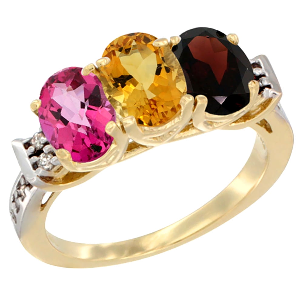 10K Yellow Gold Natural Pink Topaz, Citrine & Garnet Ring 3-Stone Oval 7x5 mm Diamond Accent, sizes 5 10 by WorldJewels
