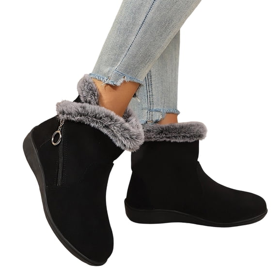 Women's Wedge Ankle Boots Suede Side Zip Fur Lined Booties Round Toe Flats Fall Winter Casual Everyday Comfortable Shoes Black 8.5