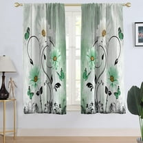 Green Floral Window Curtain Rustic Country Flower White Daisy Butterfly Sage Mint Black Boho Plant Botanical Fun Living Room Bedroom Window Drapes Treatment Fabric 1 Pair, 42" W x 63" L, Spring