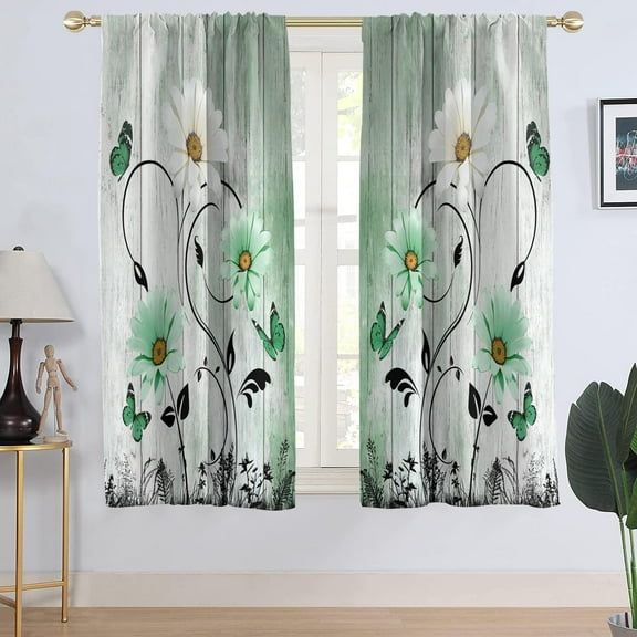 Green Floral Window Curtain Rustic Country Flower White Daisy Butterfly Sage Mint Black Boho Plant Botanical Fun Living Room Bedroom Window Drapes Treatment Fabric 1 Pair, 42" W x 63" L, Spring