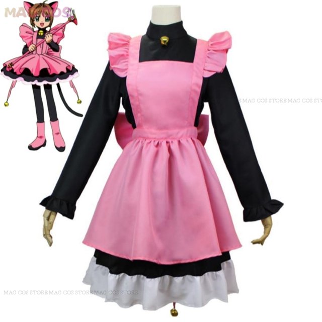 Disfraz de Anime Kinomoto Sakura Card Captor Sakura Cardcaptor, peluca mágica, vestido de gato rosa y negro, uniforme, traje de Halloween
