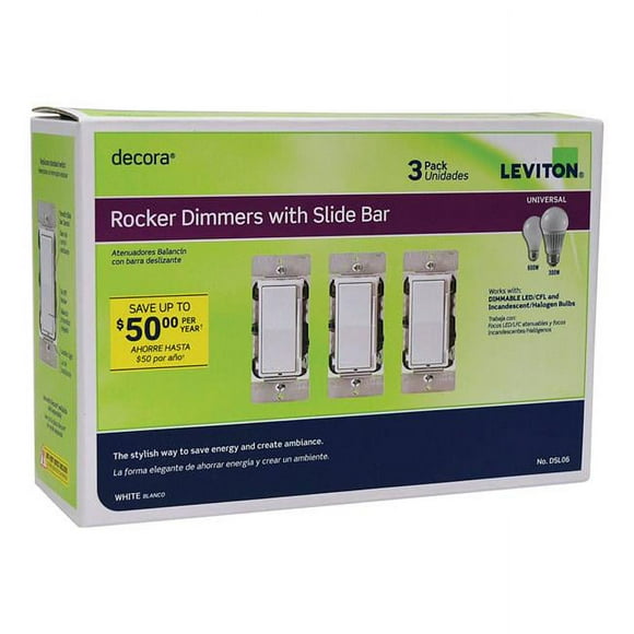 Leviton 3829918 Decora White 600 watts Rocker Dimmer - Pack of 3
