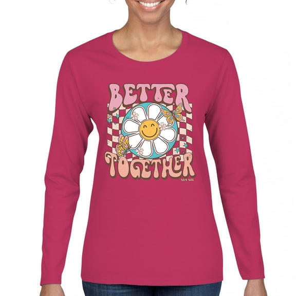 Better Together Women's Long Sleeve T-shirt Vintage Retro Boho Style 70s Floral Vibe Hippie Peace Love Friendship Bohemian