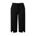 thumbnail image 4 of Qiopertar Women's Casual 3/4 Length Drawstring Pants Summer Relaxed Solid Color Elastic Waist Pull-On Pants with Pockets and Slit Hem, Black XL, 4 of 6
