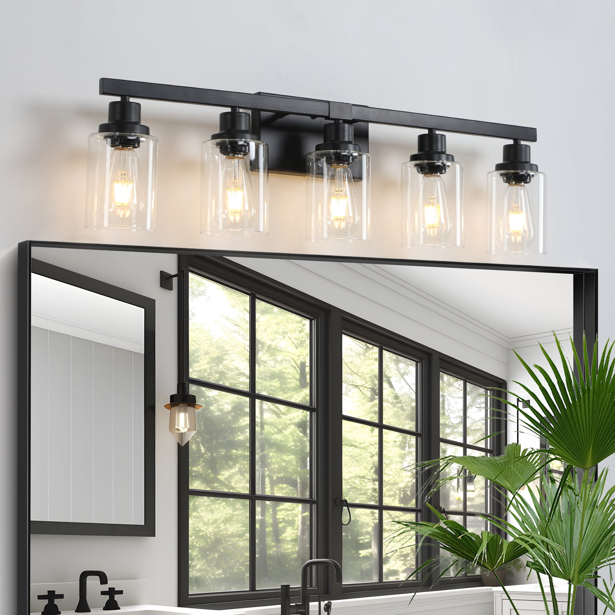 31" Modern Black 5-Light Bathroom Vanity Light Fixture, Industrial Wall Sconce with Clear Glass Shades for Mirror, Bathroom, Bedroom, and Hallway (No Bulbs)
