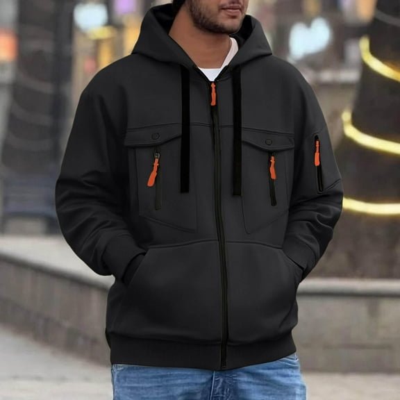 BXJX Men's Hoodie Jacket- Casual Full Zip Drawstring Long Sleeve Sweatshirt with Multi Pockets Black Size L