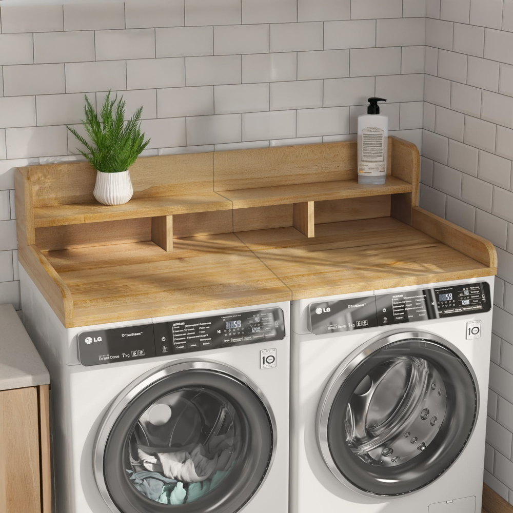 54" x 27.5"Washer Dryer Countertop with Non-slip Pads, Laundry Wood Shelf Topper with Edge, Double Layer Organizer for Washer and Dryer Laundry Hamper Counter Storage, Natural Wood