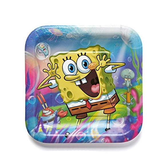 American Greetings Assiette Carrée SpongeBob 7 Pouces, Fournitures de Fête Originales (8 Unités)