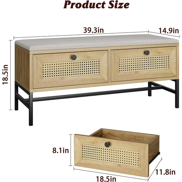 QinaQin Rattan Shoe Bench with Storage Drawer, Natural Oak