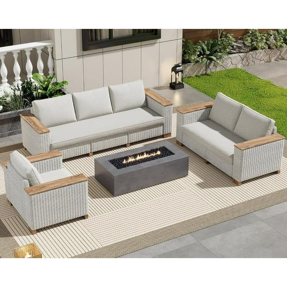 Papajet 6-Piece Modular Rattan Outdoor Sectional Set with Cushions for Lawn Deck Backyard, Beige