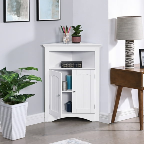 Corner Storage Cabinet, Small Corner Cabinet with Barn Door and Adjustable Shelf, Freestanding Hutch Cupboard with Open Shelf for Bathroom, Kitchen, Living Room, White